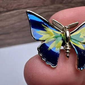 Butterfly Insect Blue Yellow Green Enamel Brooch Pin Gold Tone Set Of 2 thumbnail 5