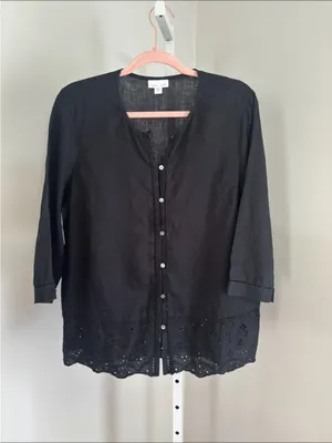 J Jill Love Linen Embroidered Hem Button-Front Black Top Preppy Casual Classic thumbnail 2