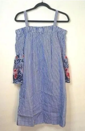 J Howard Blue and White Striped Off The Shoulder Flared Sleeve Dress Floral thumbnail 1