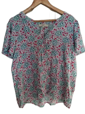 LOFT Teal Pink Floral Peacock Short Sleeve V Neck High Low Blouse Top L thumbnail 1
