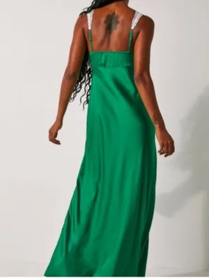 Free People FP Women’s Countryside White Green Satin Maxi Slip Dress Size Large thumbnail 5