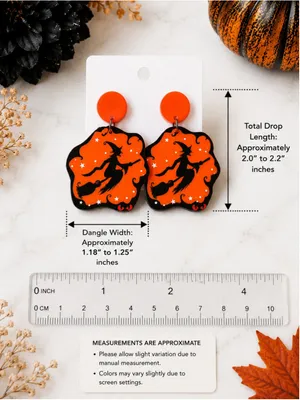 NEW Halloween Flying Witch Orange Acrylic Dangle Earrings Spooky Fall thumbnail 4