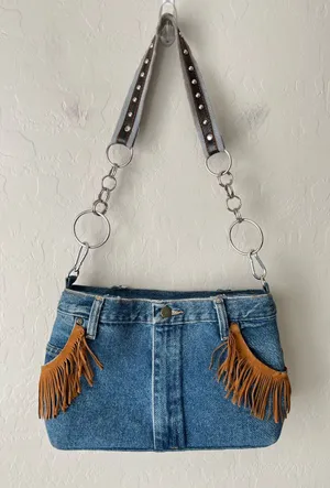 Handmade Wrangler Fringe Western Denim Shoulder Bag Purse thumbnail 1