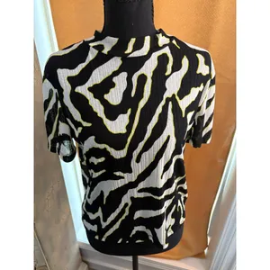 Zara Trafaluc Zebra Print Short Sleeve Top Black White Yellow Mock Neck Small thumbnail 2