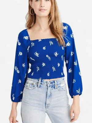 Abercrombie & Fitch Blue Floral Smocked Square Neck Balloon Sleeve Top Medium thumbnail 1