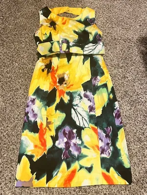Julian Taylor Floral‎ Watercolor Sleeveless Belted Summer Dress Size 8 thumbnail 1