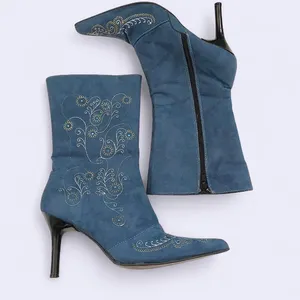 RARE Blue western country boho fabric suede ankle boots floral embroidered pointed toe stiletto heels thumbnail 2