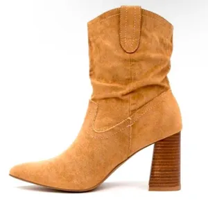 VICI | Tan Dev Faux Suede Slouchy‎ Western Pointed Block Heel Ankle Boots, 6 thumbnail 9