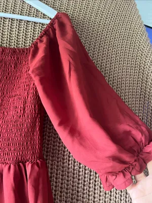 Smocked Midi Dress in Deep Red with Puff Sleeves thumbnail 3