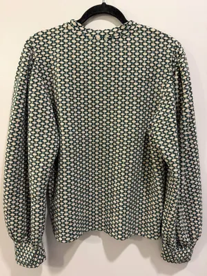 Maeve for Anthropologie Geo Patterned Textured Balloon Sleeve Sweater Green and Cream thumbnail 2
