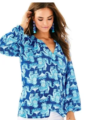 EUC Lilly Pulitzer Martinique Blouse "Joy Ride" Deep Indigo Elephants Small thumbnail 1