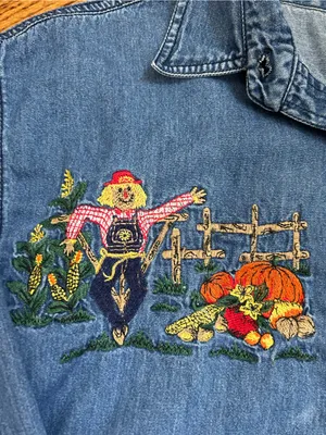 VTG 90’s Solution Originals Embroidered Fall Scene Denim Button Up Shirt Size L thumbnail 7