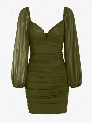 Zaful Olive Green Ruched Sheer Mesh Bodycon Dress Size Size L thumbnail 1