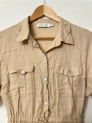 Petal & Pup Beige Tie-Waist Shirt Dress Size 2 Linen Blend thumbnail 3