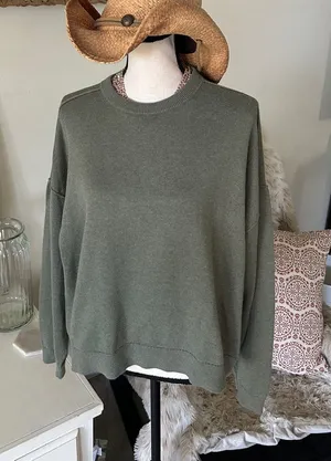 J. Crew olive green drop shoulder, cotton, classic crewneck sweater XL thumbnail 1