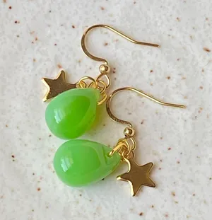 Handmade opaque green Czech glass teardrop & gold stainless star cute dangle earrings 💚🌟 thumbnail 2