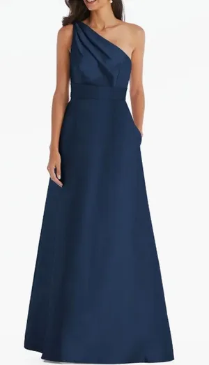 Alfred Sung A-Line Gown Women's 2R Navy Blue One-Shoulder Maxi Draped D815S NWT thumbnail 1