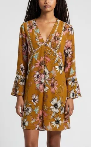entro Mustard Floral V-Neck Mini Dress size M thumbnail 1