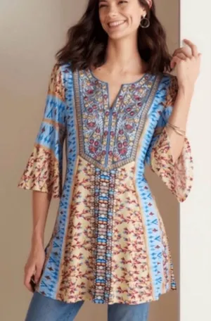 Soft Surroundings Fifi embroidered tunic top, 3/4 bell sleeve, sz M thumbnail 1
