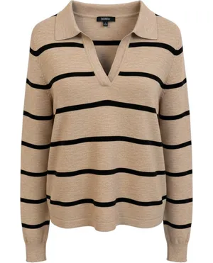 Bobeau Polo Sweater Women S Tan Black Excellent Striped V-Neck Knit Top thumbnail 1