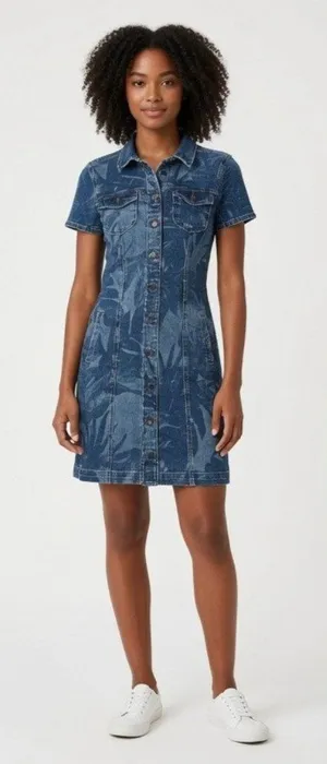 Guess Stella Shirt Dress Womens Small Blue Denim Botanical Tie Belted Waist thumbnail 1