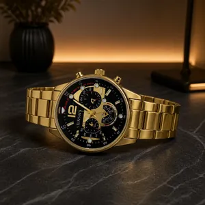 Geneva Men’s Gold Luxury Wrist Watch Round Dial 3 Time Zone Quartz NWT thumbnail 3