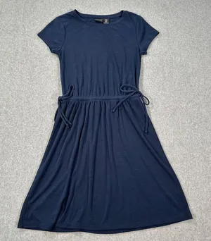 Rachel Zoe Ribbed Knit Blouson Dress Women's XS Navy Blue Side Ties Short Sleeve thumbnail 1