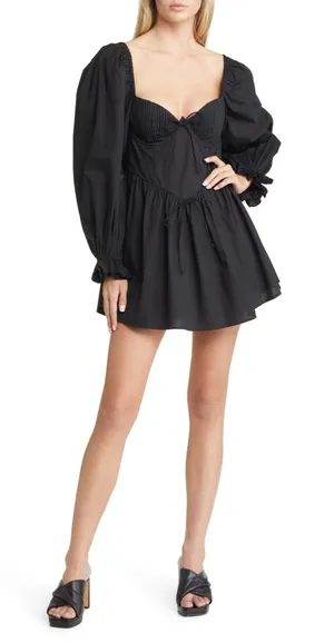 For Love & Lemons Ruth Pleated Long Sleeve Organic Cotton Minidress Small thumbnail 1