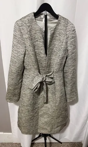White House Black Market Metallic Tweed Tie Waist Coat Gray Cream Size 14 thumbnail 1