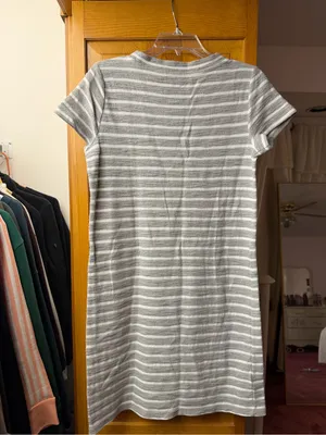 LOFT Gray & White Striped Short-Sleeve Knit Mini Dress thumbnail 2