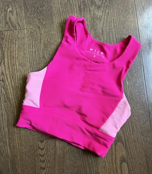 Wilo Pink Colorblock Racerback Crop Top sports bra open back cutout size small thumbnail 1