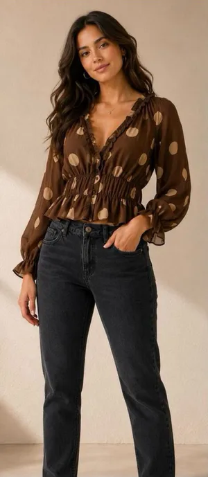 Parker Brown Polka Dot 2 Piece Set Blouse Shirt Top Cami Ruffle Peplum Size M thumbnail 1