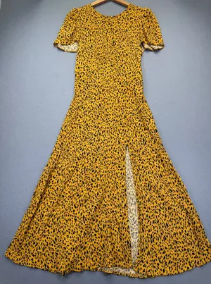 AFRM Yellow Cheetah Animal Print Maxi Dress Short Sleeve‎ Front Slit Medium thumbnail 1