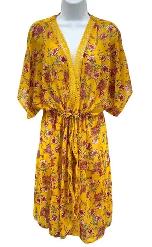 Derek‎ Heart Short Sleeeve Floral Cover Up Tie Up Kimono Large Boho Festival thumbnail 1