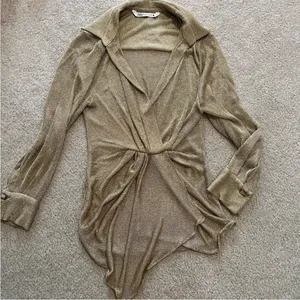 Zara NWT gold metallic knit ruched long sleeve blouse top semi sheer thumbnail 11