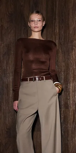 ENTIRE STUDIOS Brown Slinky Knit Long Sleeve Boat Neck Long Top Small thumbnail 1