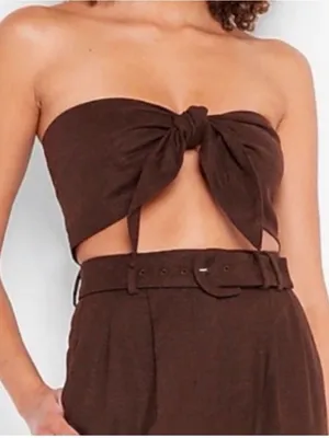 Express Linen-Blend Brown Tie-Front Bandeau thumbnail 2
