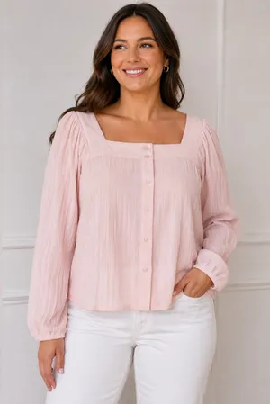 New Loft Oversized Square Neck Pink Top Long‎ Sleeve Small Spring Minimalist thumbnail 1