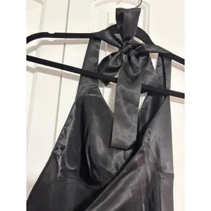 Moon Collection Sultry Satin Black Mesh Ruffle‎ Bow Halter Bodysuit Small thumbnail 8