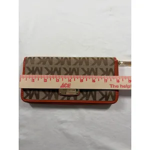 Michael Kors Jet Set Wallet Brown Monogram Canvas Orange Leather Zip Around thumbnail 7