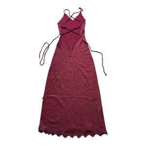 Burgundy Metallic Knit Maxi Dress Crochet Lace Trim Lace Up Back Wine Red Gown thumbnail 2
