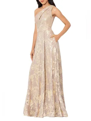 NWT BETSY AND ADAM "MARIAH" Gold FOIL KNIT ONE SHOULDER DRESS thumbnail 4