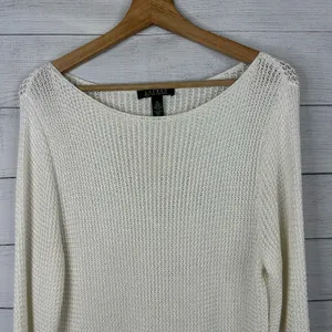 Ralph Lauren LRL Womens XL Open Knit Crochet Long Sleeve Sweater White Beachy thumbnail 3