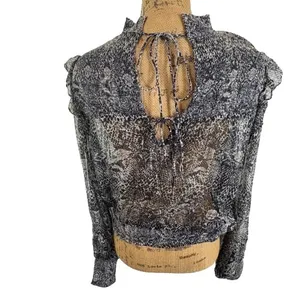 Free People Roma Top Gray Snake‎ Print Smocked High Neck Edgy Revolve Size Large thumbnail 2