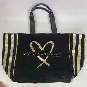 Victoria's Secret Heart Logo Black Gold Sparkle Canvas Tote Bag. thumbnail 1