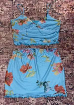 SheIn Baby Blue Vacation Mesh Two Piece Set With Floral Design Tropical thumbnail 3