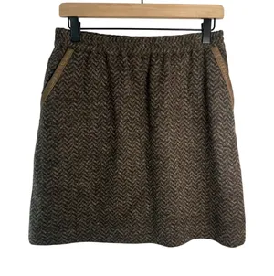 J.Crew Brown Herringbone‎ Wool Blend Mini Skirt Leather Trim Pockets Size 4 thumbnail 1