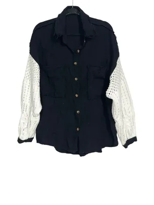 POL Black Gauze Crochet Sleeves Button Up Oversized Shacket SMALL thumbnail 2