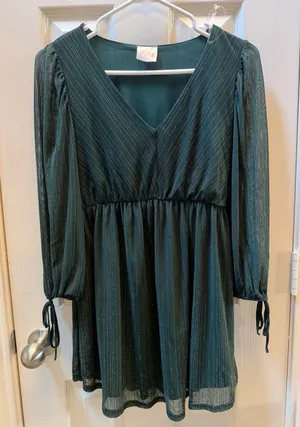 Siren Lily Maternity V-Neck Long Sleeve Mini Dress with Metallic Pinstripe thumbnail 1