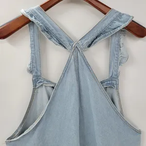 Polagram Overall Button Up Denim Jumpsuit Womens L Blue Light Wash Ruffle Straps thumbnail 11